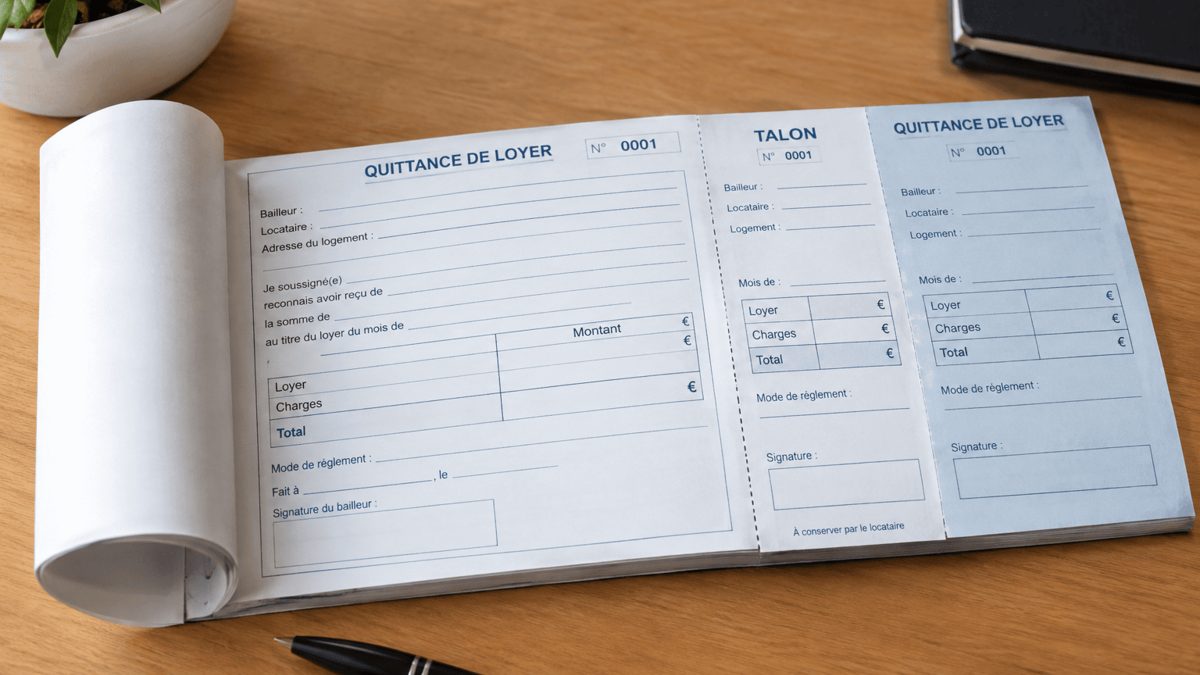 Carnet de quittances de loyer à souche ouvert, feuillet détachable et talon