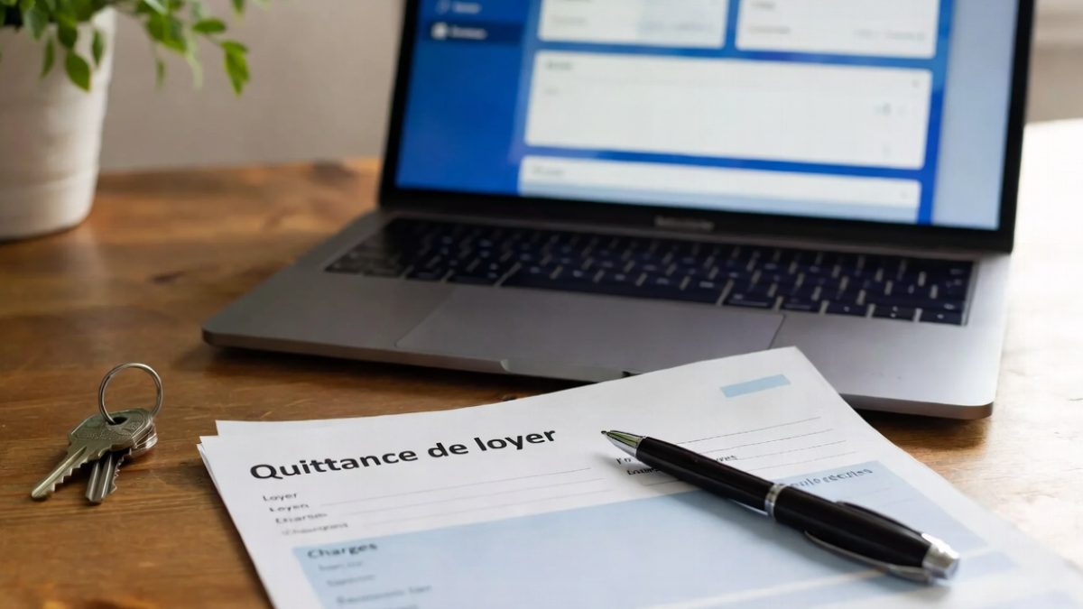 Quittance de loyer remplie posée sur un bureau à côté d'un stylo