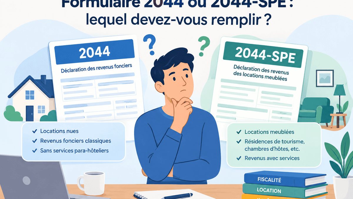 Formulaire 2044 de déclaration des revenus fonciers posé sur un bureau avec une calculatrice