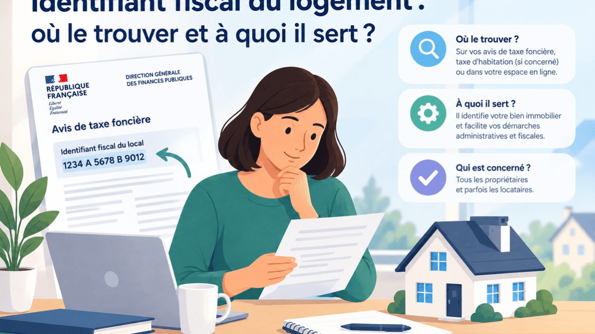 Avis de taxe foncière posé à côté d'un écran affichant le service Gérer mes biens immobiliers