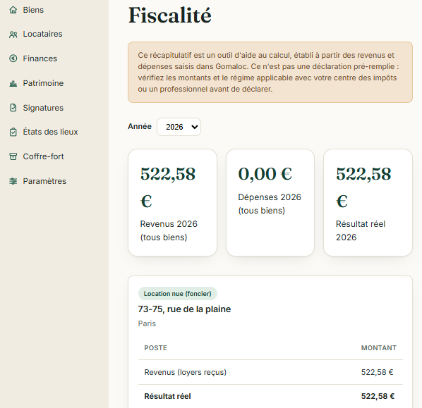 Capture de Gomaloc : le récapitulatif fiscal annuel