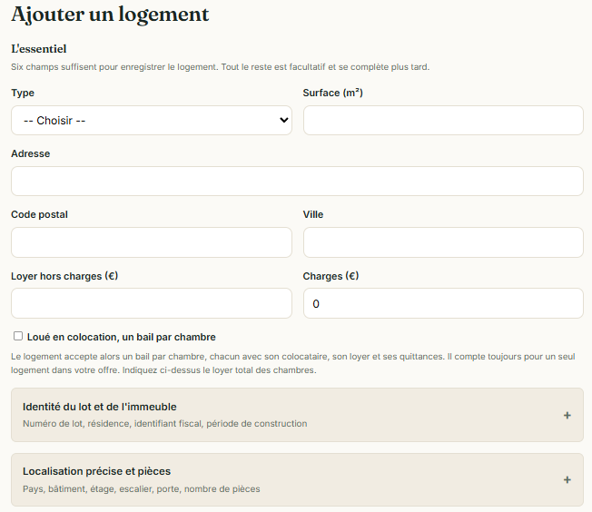 Capture de Gomaloc : le formulaire d'ajout d'un logement