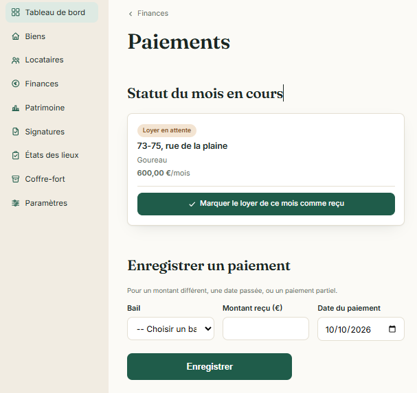 Capture de Gomaloc : la confirmation du premier loyer et la quittance
