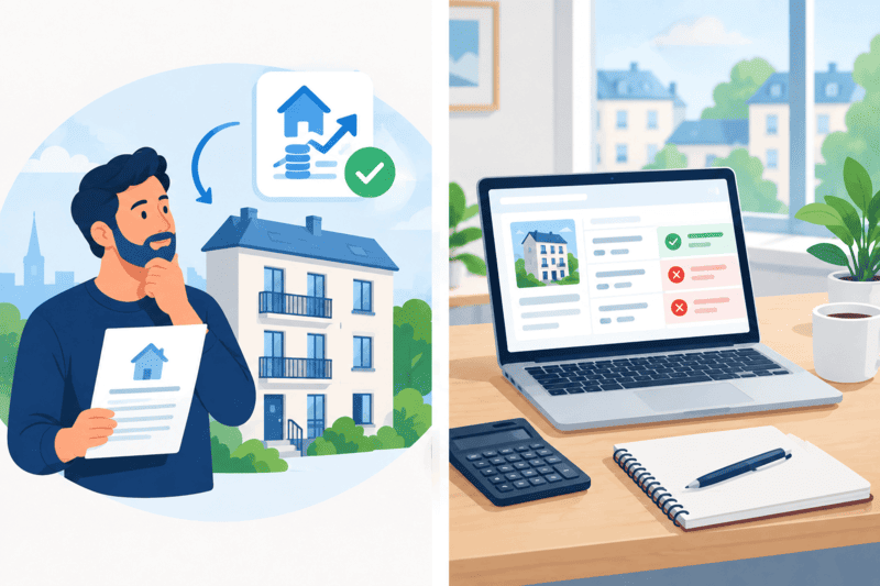 Propriétaire vérifiant le loyer maximum de son logement : immeuble, avis de loyer et calcul sur ordinateur
