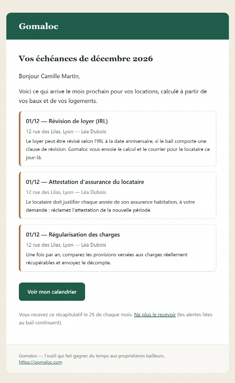 Email « Vos échéances de décembre » : révision de loyer, attestation d'assurance et régularisation des charges