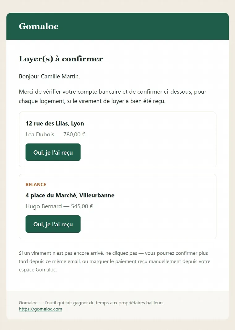 Email « Loyer(s) à confirmer » reçu par le bailleur, avec un bouton « Oui, je l'ai reçu » par logement