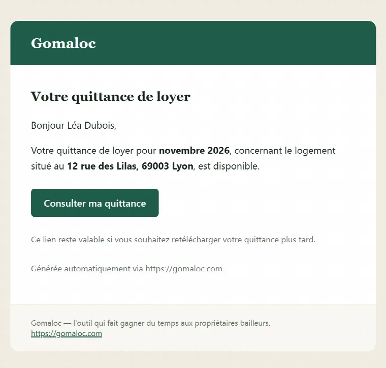 Email « Votre quittance de loyer » reçu par le locataire, avec un lien pour consulter la quittance