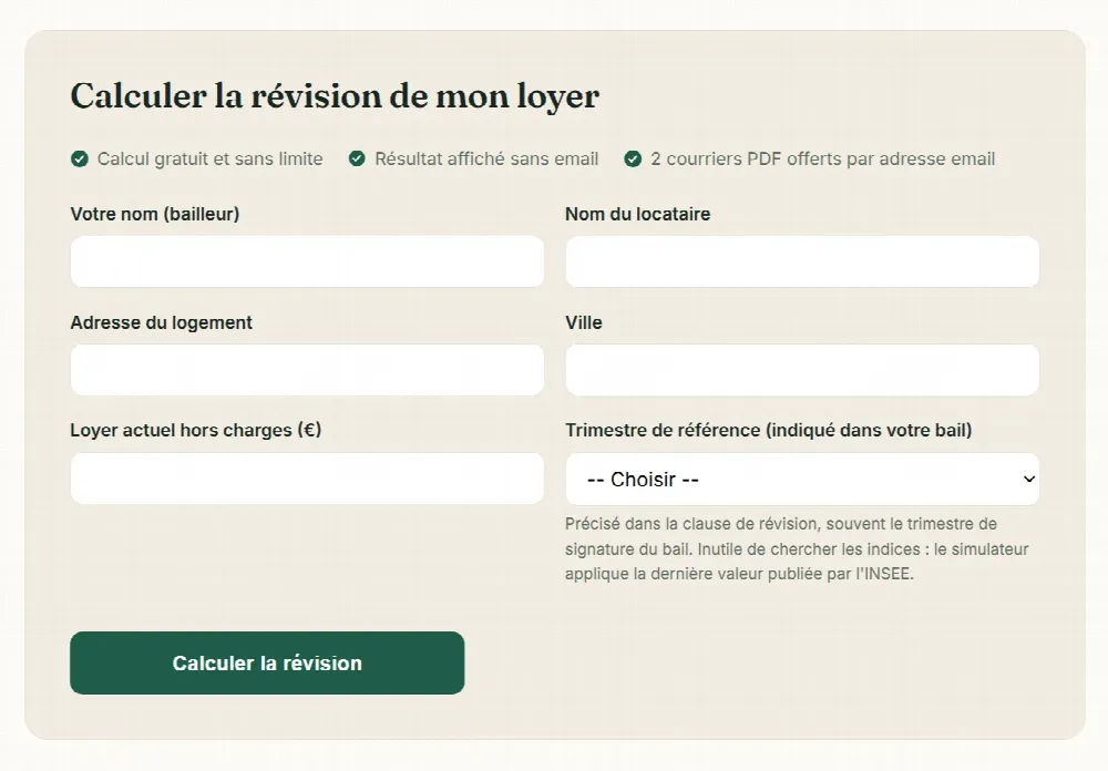Formulaire du simulateur de révision de loyer IRL : loyer actuel et trimestre de référence