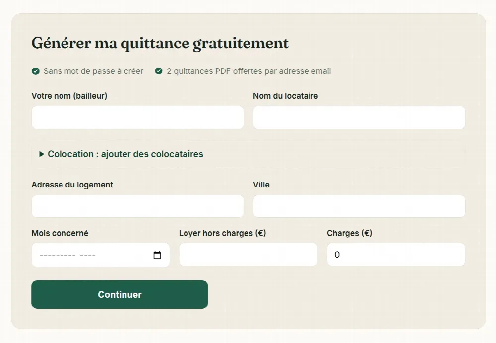Formulaire du générateur gratuit de quittance de loyer : bailleur, locataire, adresse, mois, loyer et charges