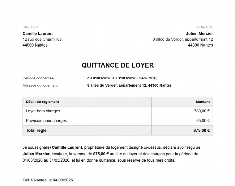 Quittance de loyer au format PDF : bailleur, locataire, période, loyer hors charges, provision pour charges et total réglé
