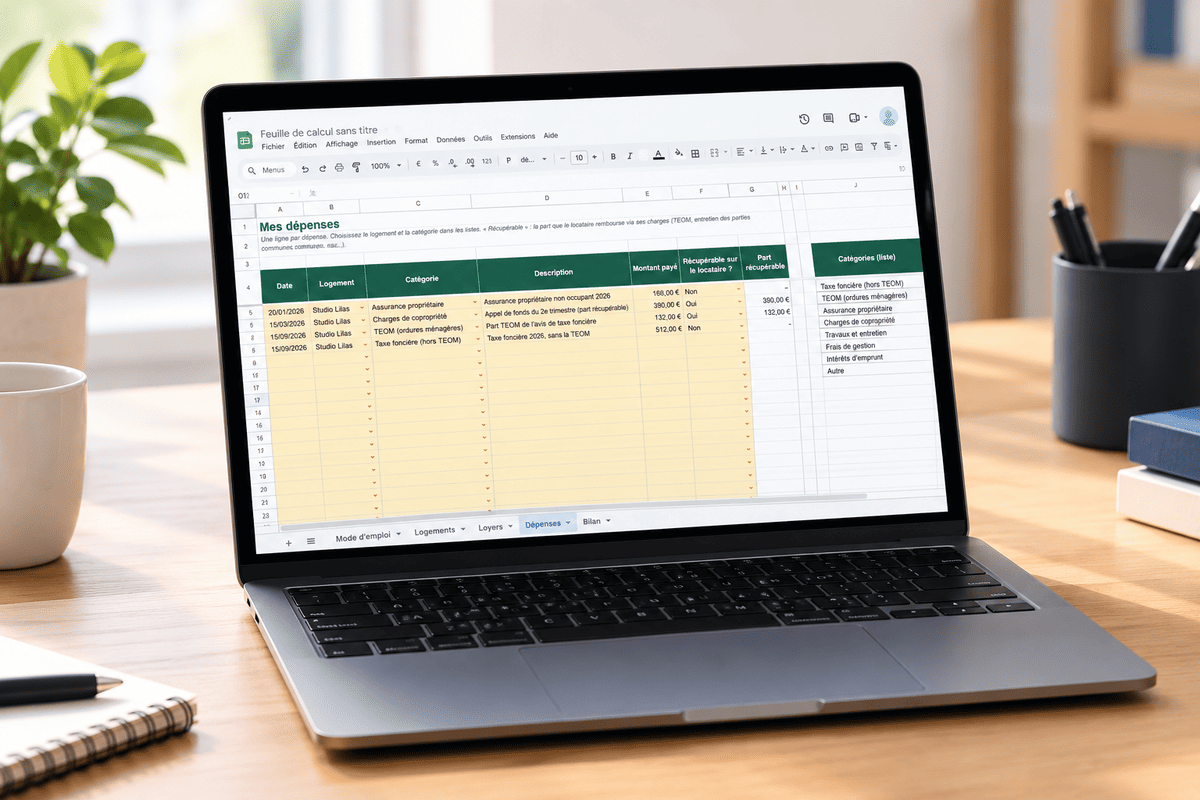 Tableau Excel de gestion locative ouvert sur l'onglet Dépenses : date, logement, catégorie, montant payé et part récupérable sur le locataire